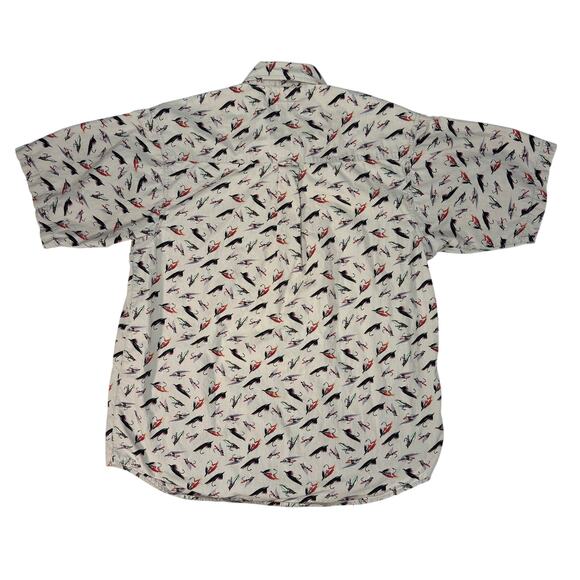 Columbia Fly Fishing Lure Print Shirt Men’s L Beige Short Sleeve Button Down - Picture 2 of 7